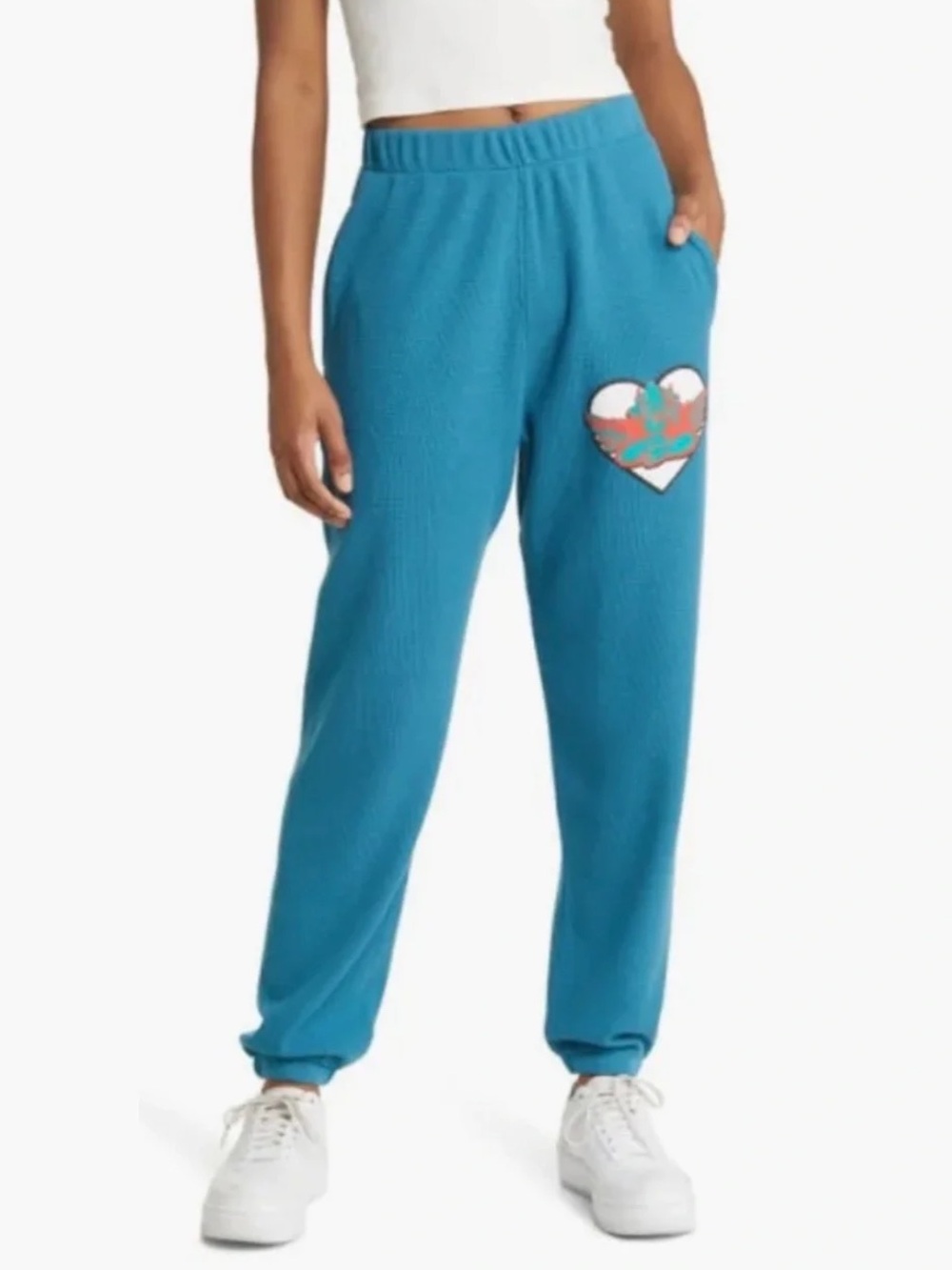 Boys Lie Read Receipts” Bright Teal Waffle Sweatpants Joggers with Heart Patch